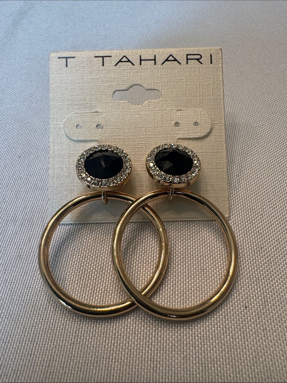 T Tahari Gold-Tone Hoop Earrings with Black Crystal Center